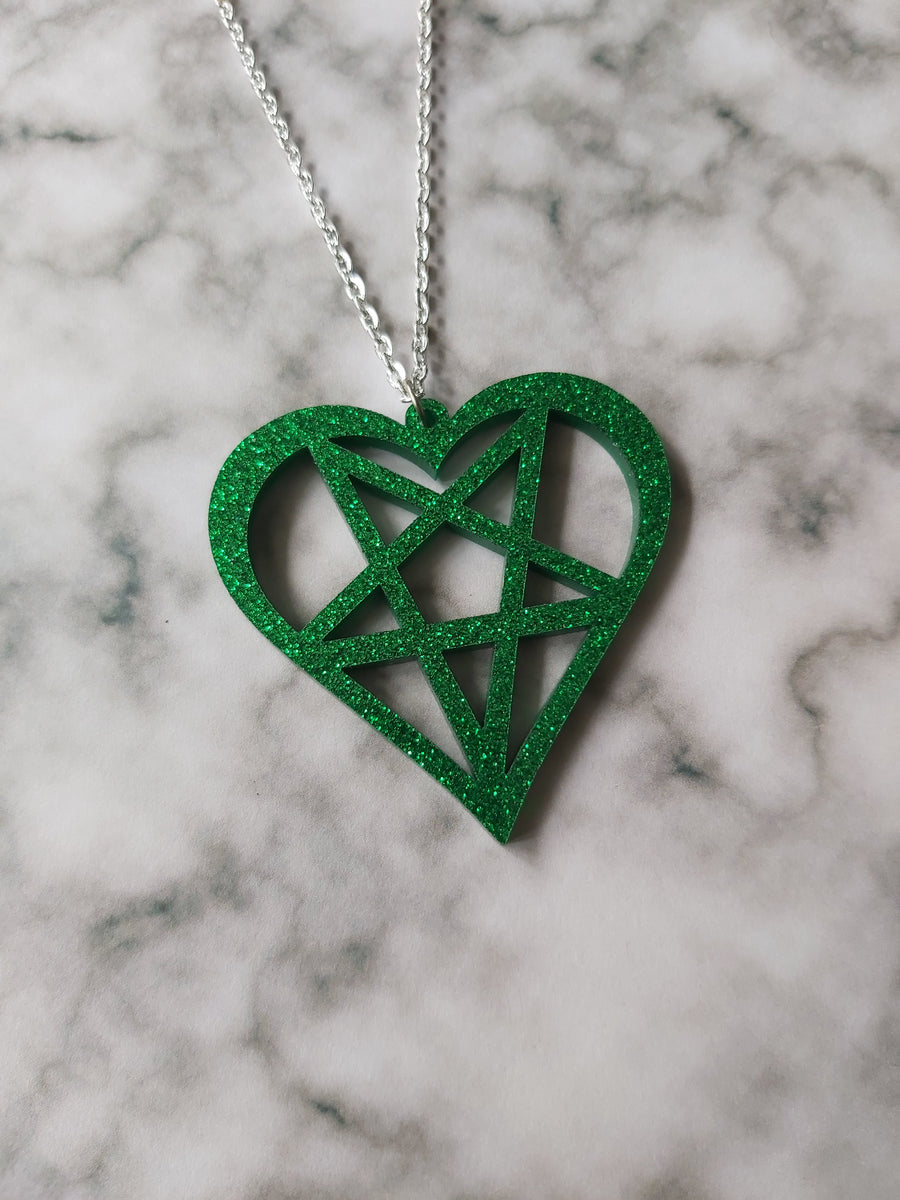 Glitter Heart Pentagram Necklace - Green