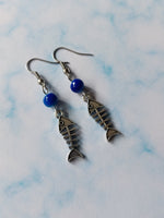 beaded fish skeleton earrings - royal blue 