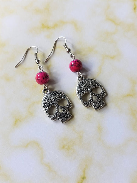 beaded skull earrings - pink