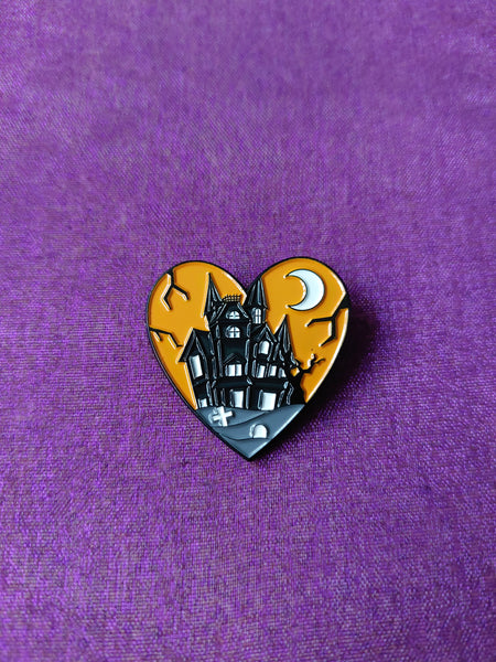 haunted house heart pin badge