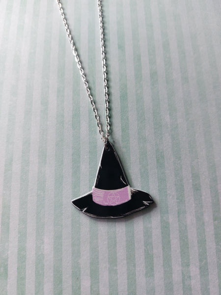 black & pink witchcraft necklace - witch hat 