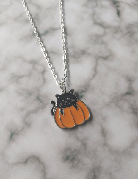 black cat in pumpkin necklace