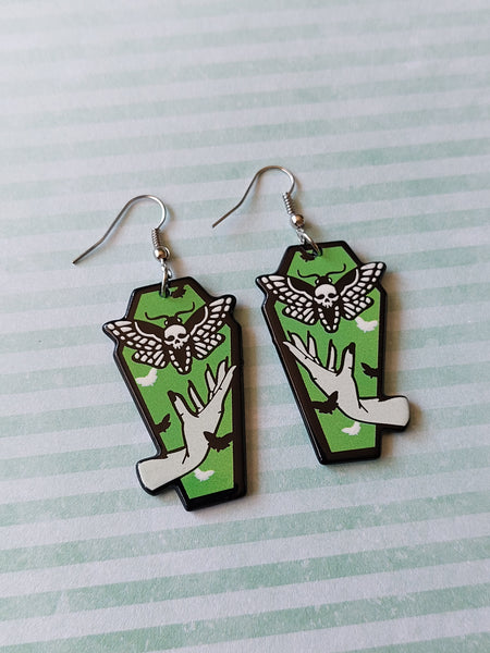 coffin earrings - deathhead moth (green) 