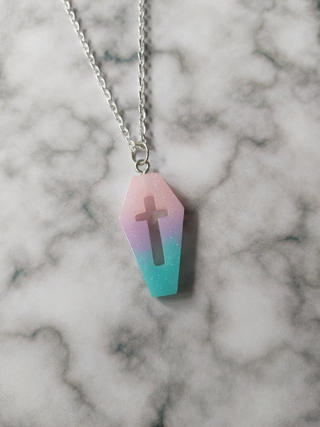 glitter cross coffin necklace - pink, purple & blue 