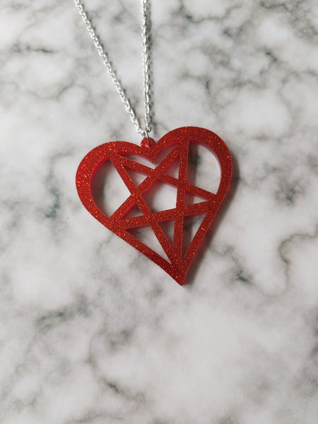 glitter heart pentagram necklace - red