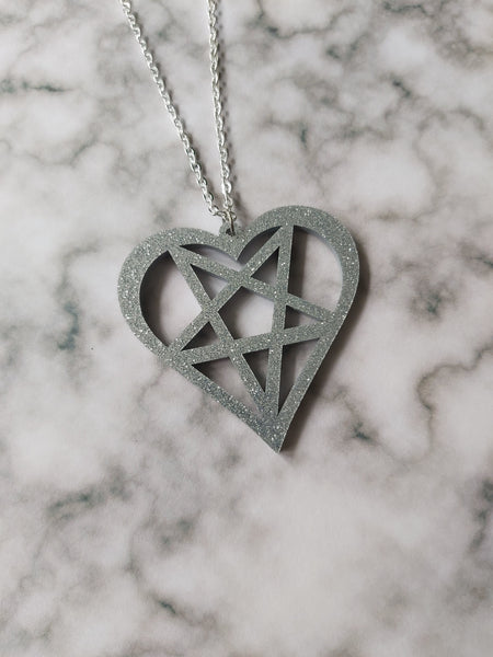 glitter heart pentagram necklace - silver