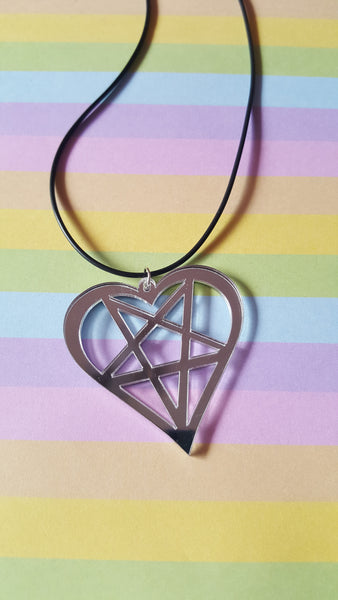 heart pentagram necklace - silver (mirror) 