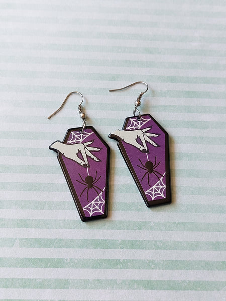 coffin earrings - spider (purple) 